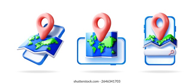Conjunto de mapa 3d con pin rojo en el teléfono móvil. Seguimiento de ubicación en línea. Servicio de navegación GPS. App de búsqueda de viajes y turismo.