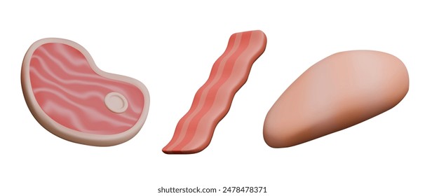 Set of 3D meat icons, illustrations. Steak, bacon, fillet. Isolated templates