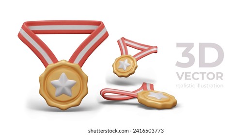 Gama de medallas 3D en diferentes posiciones. Galardón de estrella de oro. Premios para ganadores