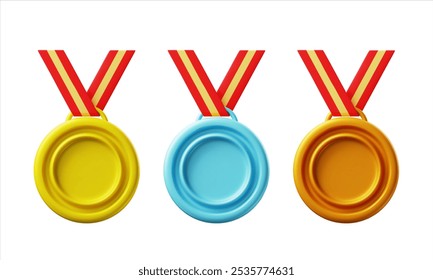 Set of 3d medals. Gold, silver and bronze sports awards for winners. Prizes for business leaders. Vector illustration.