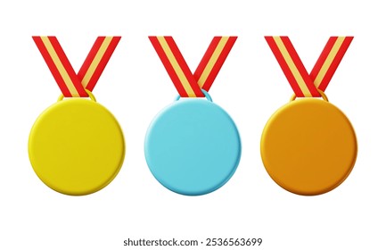 Set of 3d medals. Gold, silver and bronze sports awards for winners. Prizes for business leaders. Vector illustration.