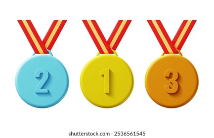 Set of 3d medals isolated on white background. Gold, silver and bronze sports awards for winners. Prizes for business leaders. Vector illustration.