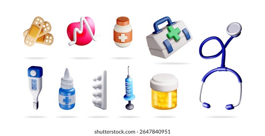Um conjunto de ícones de equipamentos médicos 3D, incluindo um estetoscópio, remédio, seringa e kit de primeiros socorros para a saúde.