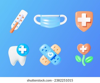 Set of 3d medical icons on a blue background.