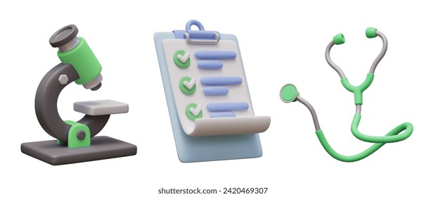 Set of 3D medical objects. Microscope, clipboard, stethoscope. Isolated vector illustration