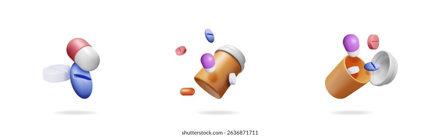 Set of 3d medical pills, capsules, and bottle for health care illustration. Modern pharmacy and drug concept design for banner.