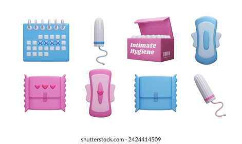 Set of 3D menstruation products, female healthcare, woman intimate care. Cute cartoon style pink and blue menstrual tampons, sanitary pads, menstrual calendar 3D vector illustration isolated on white.