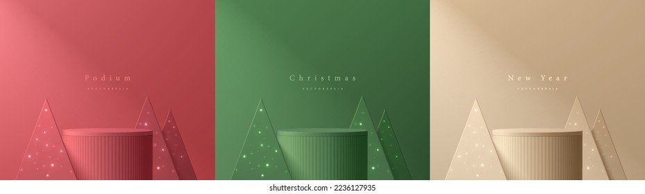 Set of 3D merry christmas background with red, cream, green realistic cylinder stand podium. Neon bulb light on christmas tree. Vector mockup product display. Minimal wall scene. Stage for showcase.