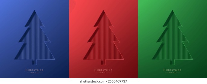 Set of 3D Merry Christmas card background in red, green and blue color. Minimalist Christmas tree banner in papercut style.  Elements of new year day festival for card, cover. Vector illustration.