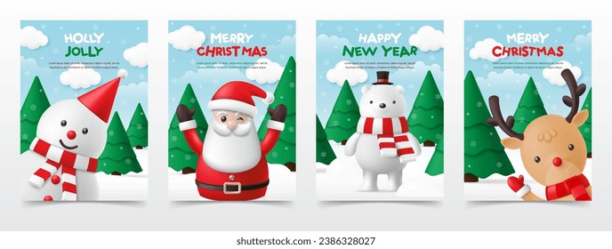 Juego de 3D Feliz Navidad y Feliz Año Nuevo feliz con la plantilla de tarjeta de saludo con santa claus, árbol, muñeco de nieve, oso polar, reno y fondo de nieve a la venta. ilustración vectorial