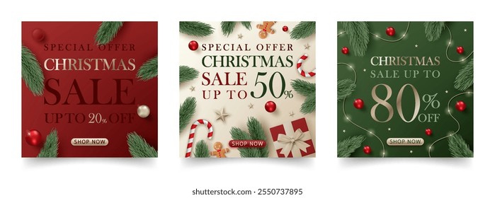 Set of 3d merry christmas sale banner template. Discount promotion sale offer cards with luxury gold gift boxes, red ball, green pine leaves. Online shop, store, flyer, poster, social media post