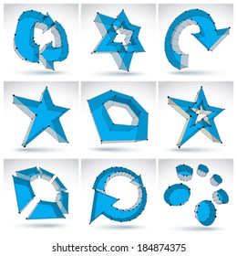 Set of 3d mesh colorful abstract objects isolated on white background, collection of stylish geometric icons, bright dimensional tech symbols with black lines, clear eps 8 vector illustration.
