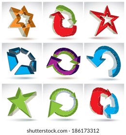 Set of 3d mesh colorful abstract objects isolated on white background, collection of stylish geometric icons, bright dimensional tech symbols with white connected lines, clear eps 8 vector.