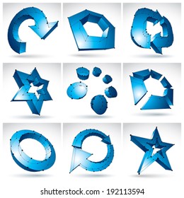 Set of 3d mesh colorful abstract objects isolated on white background, collection of stylish geometric icons, bright dimensional tech symbols with black lines, clear eps 8 vector illustration. 