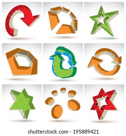 Set of 3d mesh colorful abstract objects isolated on white background, collection of stylish geometric icons, bright dimensional tech symbols with white connected lines, clear eps 8 vector.