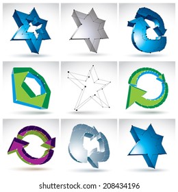 Set of 3d mesh colorful abstract objects isolated on white background, collection of stylish geometric icons, bright dimensional tech symbols with white connected lines, clear eps 8 vector.
