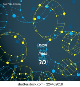 Set of 3d mesh cylinder abstract objects isolated on dark background, clear eps 8 vector illustration with yellow connected lines.