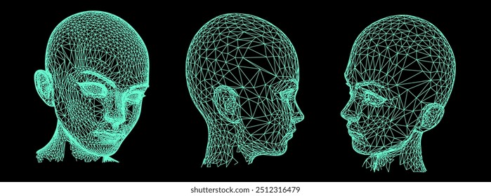 Set of 3d mesh heads on black background. Illustration in techno-futuristic style.