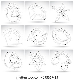 Set of 3d mesh monochrome abstract objects isolated on white background, collection of sketch geometric icons, single color dimensional tech symbols with black lines, clear eps 8 vector illustration.