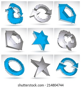 Set of 3d mesh single color abstract objects isolated on white background, collection of black and white stylish geometric icons. Monochrome and blue stars, arrows.