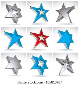 Set of 3d mesh stars isolated on white background, collection of colorful elegant lattice star icons, monochrome dimensional tech pentagonal objects, clear eps 8 vector illustration.