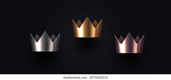 Set of 3d metal crown. Monarchy power and wealth symbol. Golden, silver and bronze crown. King golden coronet. Vector illustration.