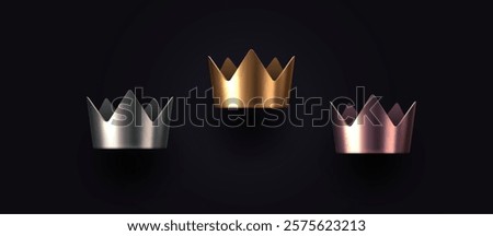 Set of 3d metal crown. Monarchy power and wealth symbol. Golden, silver and bronze crown. King golden coronet. Vector illustration.
