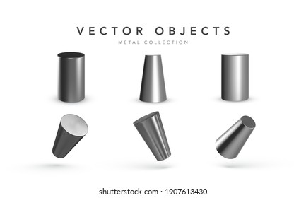 Set of 3d metal geometric shapes isolated on white background. Realistic geometry elements. Render decorative sapphirine figure for design. Vector illustration