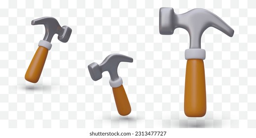 Set of 3D metal hammers with wooden handle. Traditional hand tool for repair, construction. Realistic modern icons with shadows. Carpentry tool. Isolated image