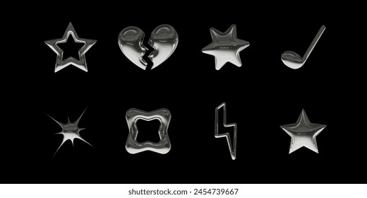 Set of 3d metal icons in 2000s style. Vector illustration for retro futuristic design