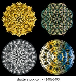 Set Of 3D Metallic Mandalas. Vector Ethnic Oriental Circle Ornament. 
