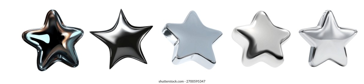 Set of 3D metallic star icons in chrome and silver, glossy reflective shapes isolated on white background