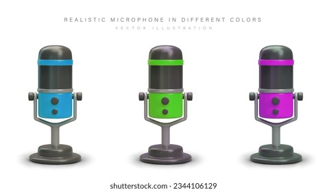 Set of 3D microphones of blue, green, purple color. Sound recording device. Professional equipment of singer, radio host. Microphone on stand. Podcast