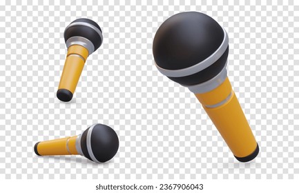 Set of 3D microphones. Gadget for recording sound. Instrument of singer, presenter, entertainer. Vector object in different positions. Device for karaoke