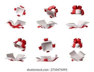 Set of 3D minimalist present icon. Empty white gift boxes with red ribbon and bow. Abstract holiday surprise for special occasion. Vector illustration