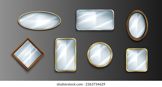 Set of 3D mirrors isolated on transparent background. Vector realistic illustration of square, round, rhombic glass with reflective surface in golden, silver, wooden frames, interior design elements