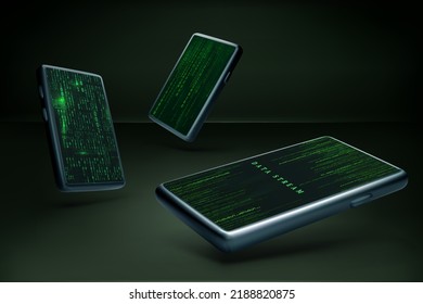 Set Of 3D Mobile Phone With Binary Data Stream In Matrix Style On Screen. Abstract Sci Fi Futuristic Phone Wallpaper Mockup. Encryption And Digital Data Protection Concept. Vector Illustration