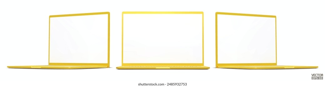 Set of 3d mockup laptops from different angles isolated on white background. Realistic Laptop yellow color mockup with blank screen display. 3D vector illustration.
