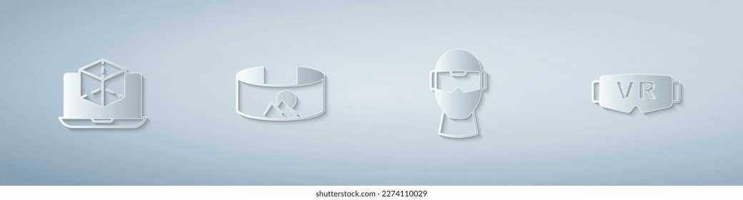 Set 3d modeling, 360 degree view, Virtual reality glasses and . Paper art style. Vector
