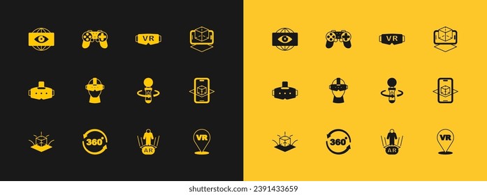 Set 3d modeling, 360 degree view, VR controller game, Augmented reality AR, Virtual glasses, Big brother electronic eye and Gamepad icon. Vector