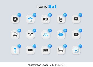 Set 3d modeling, 360 degree view, Virtual reality glasses, VR controller game,  and  icon. Vector