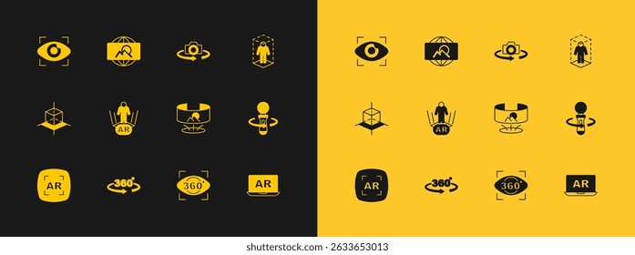 Set 3d modeling, 360 degree view, Augmented reality AR, Big brother electronic eye and Wide angle picture icon. Vector