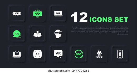 Set 3d modeling, Augmented reality AR, Virtual glasses, 360 degree view, Big brother electronic eye and  icon. Vector