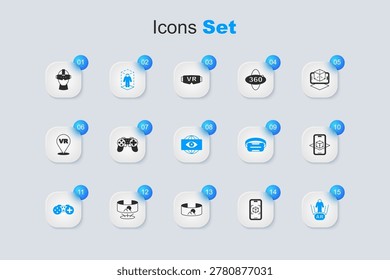 Set 3d modeling, Gamepad, Augmented reality AR, Virtual glasses and Big brother electronic eye icon. Vector
