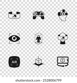 Set 3d modeling, Virtual reality glasses, 360 degree view, Gamepad and Big brother electronic eye icon. Vector