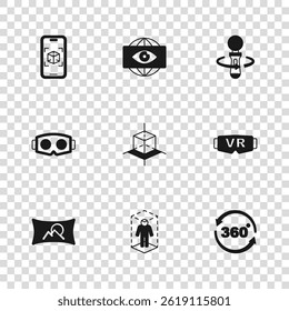 Set 3d modeling, Virtual reality glasses, 360 degree view, VR controller game, Big brother electronic eye and  icon. Vector