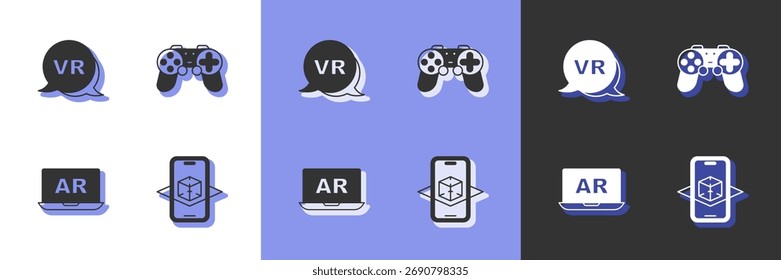 Set 3d modeling, Virtual reality, Augmented AR and Gamepad icon. Vector