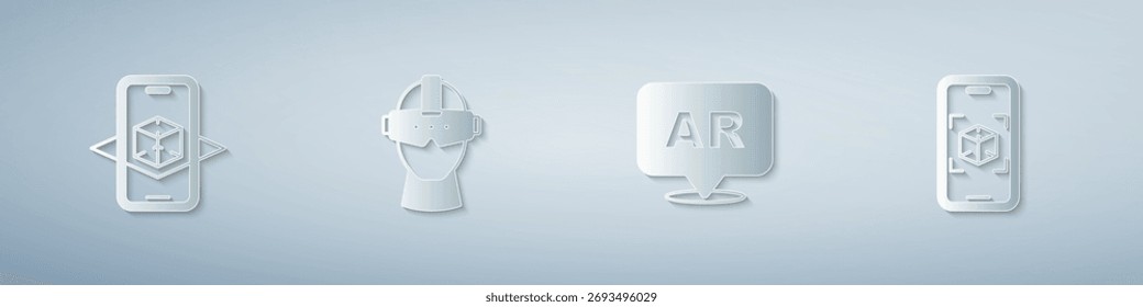 Set 3d modeling, Virtual reality glasses, Augmented AR and . Paper art style. Vector