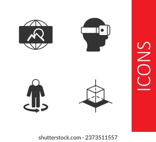 Set 3d modeling, Wide angle picture,  and Virtual reality glasses icon. Vector