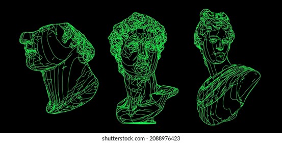 Set of 3D models of gypsum heads. Cyberpunk sci-fi style vector illustration.